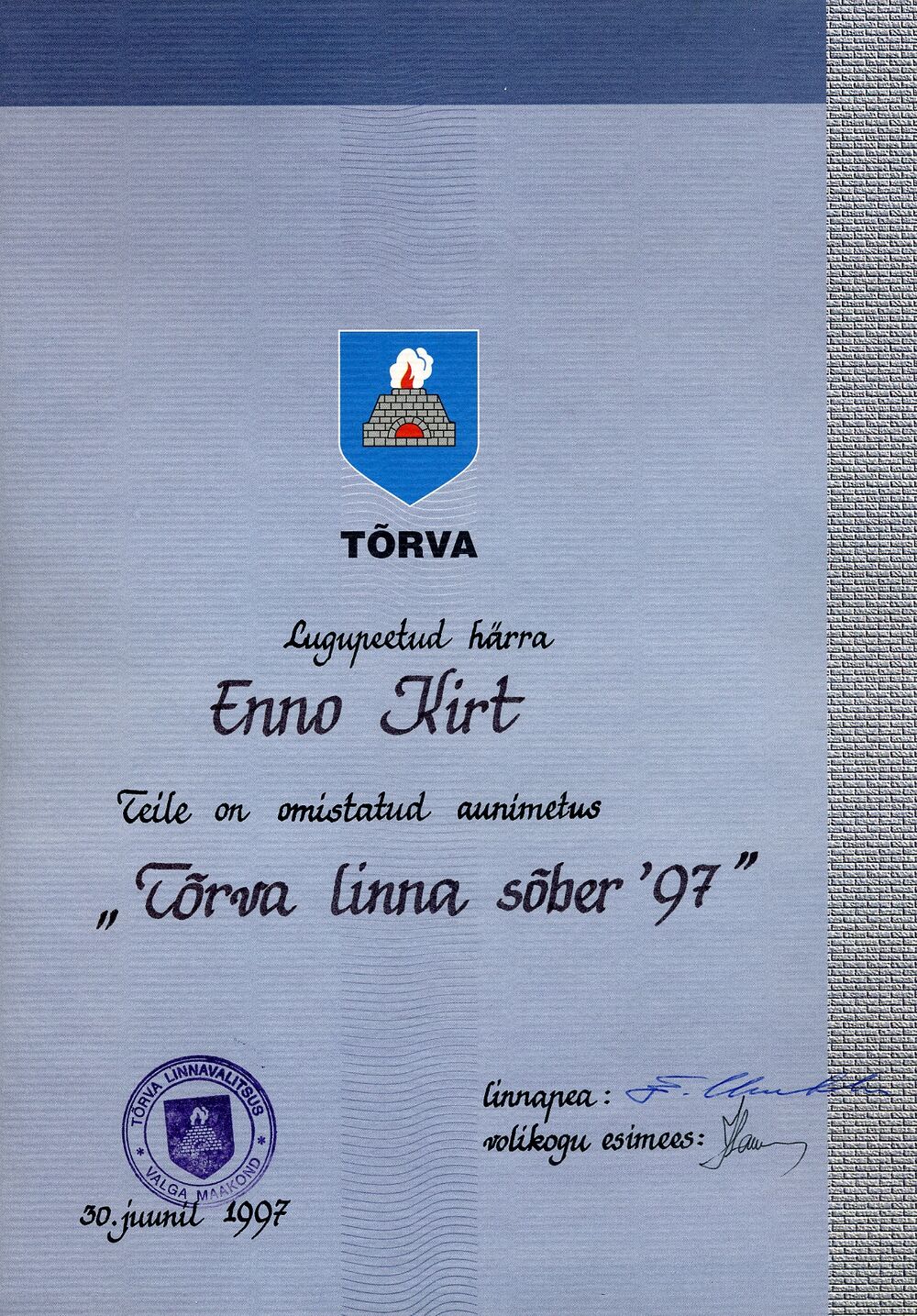 Diplom Tõrva Linna Sõber